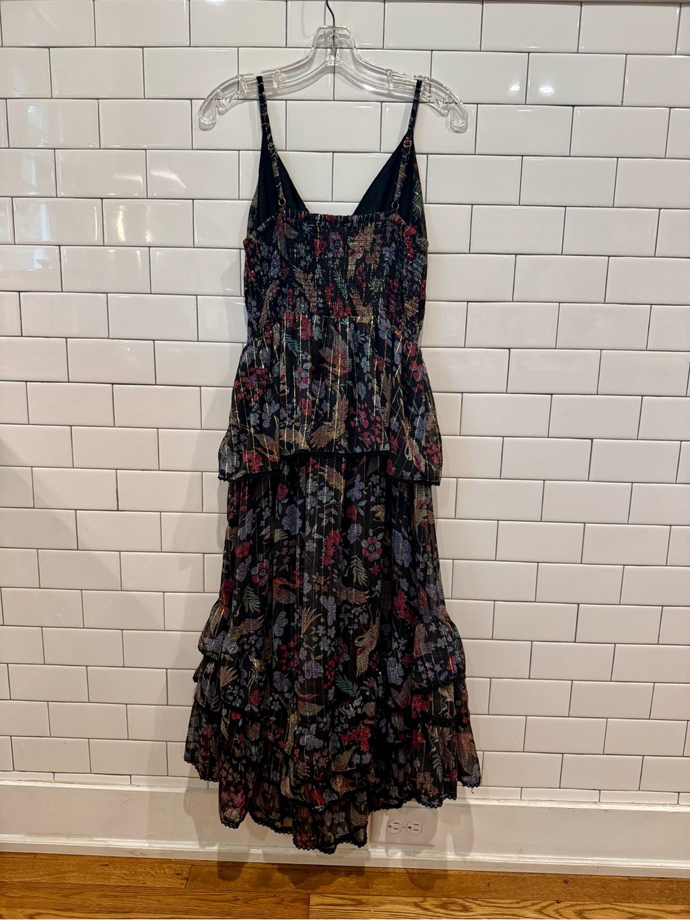 Angie Metallic Thread Floral Tiered Ruffle Maxi Dress Size M - Picture 7 of 10